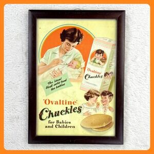 1930s Framed Ovaltine Chuckles Vintage Advertising Print 14.5" Babies & Children